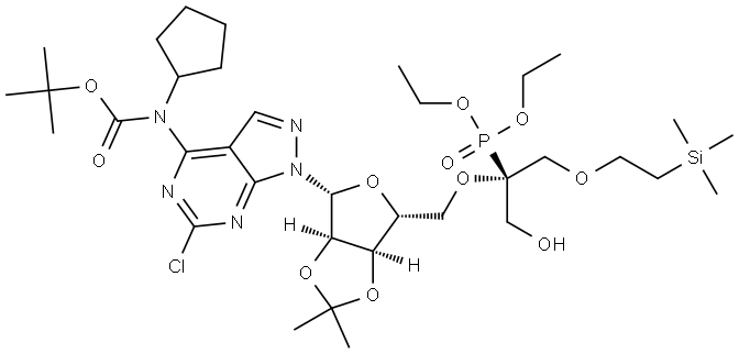 tert-butyl (6-chloro-1-((3aR,4R,6R,6aR)-6-((((R)-2-(diethoxyphosphoryl)-1-hydroxy-3-(2-(trimethylsilyl)ethoxy)propan-2-yl)oxy)methyl)-2,2-dimethyltetrahydrofuro[3,4-d][1,3]dioxol-4-yl)-1H-pyrazolo[3,4-d]pyrimidin-4-yl)(cyclopentyl)carbamate Struktur