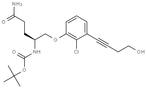 tert-butyl (S)-(5-amino-1-(2-chloro-3-(4-hydroxybut-1-yn-1-yl)phenoxy)-5-oxopentan-2-yl)carbamate Struktur