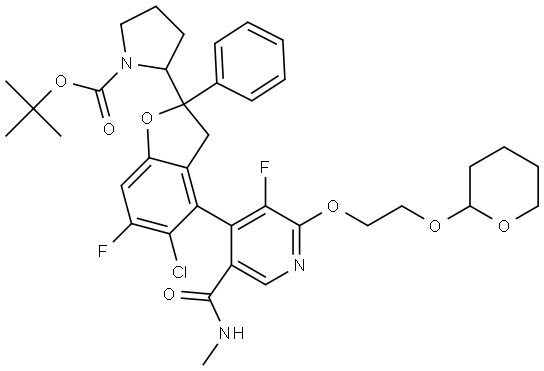 tert-butyl (2S)-2-((2S)-5-chloro-6-fluoro-4-(3-fluoro-5-(methylcarbamoyl)-2-(2-((tetrahydro-2H-pyran-2-yl)oxy)ethoxy)pyridin-4-yl)-2-phenyl-2,3-dihydrobenzofuran-2-yl)pyrrolidine-1-carboxylate 化学構造式