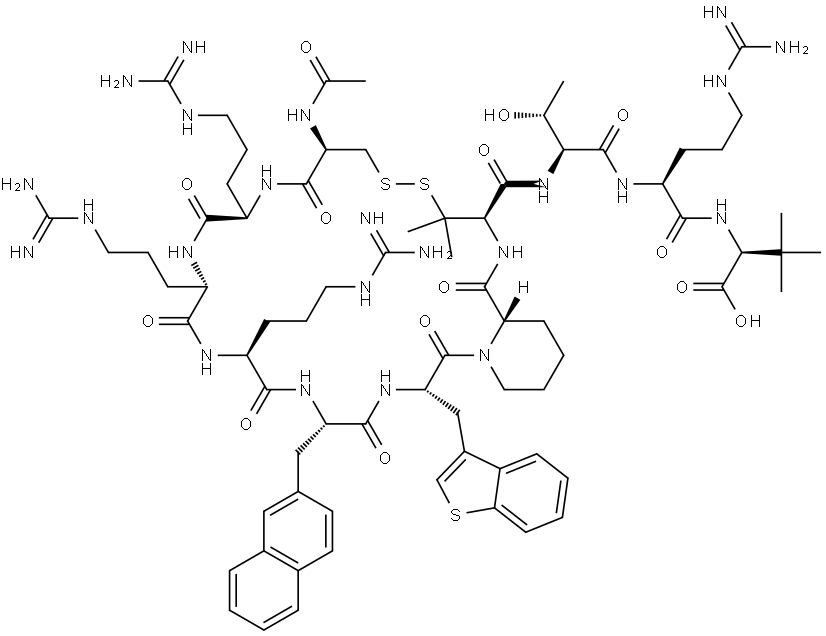 (S)-2-((S)-2-((2S,3R)-2-((3R,8R,11R,14S,17S,20S,23S,29aS)-8-Acetamido-23-(benzo[b]thiophen-3-ylmethyl)-11,14,17-tris(3-guanidinopropyl)-4,4-dimethyl-20-(naphthalen-2-ylmethyl)-1,9,12,15,18,21,24-heptaoxohexacosahydro-2H-pyrido[2,1-g][1,2]dithia[5,8,11,14,17,20,23]heptaazacyclohexacosine-3-carboxamido)-3-hydroxybutanamido)-5-guanidinopentanamido)-3,3-dimethylbutanoic acid Structure