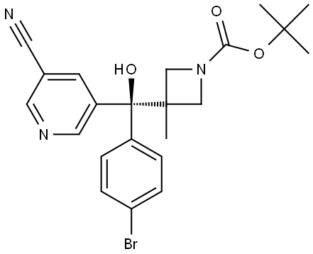 tert-butyl (R)-3-((4-bromophenyl)(5-cyanopyridin-3-yl)(hydroxy)methyl)-3-methylazetidine-1-carboxylate 化学構造式