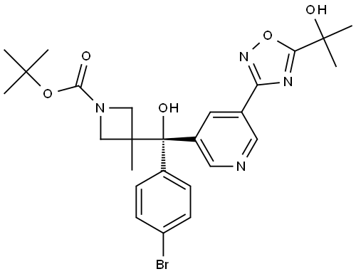 tert-butyl (R)-3-((4-bromophenyl)(hydroxy)(5-(5-(2-hydroxypropan-2-yl)-1,2,4-oxadiazol-3-yl)pyridin-3-yl)methyl)-3-methylazetidine-1-carboxylate Struktur
