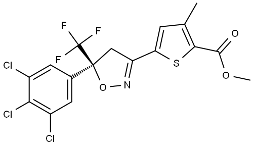 2-Thiophenecarboxylic acid, 5-[(5S)-4,5-dihydro-5-(3,4,5-trichlorophenyl)-5-(trifluoromethyl)-3-isoxazolyl]-3-methyl-, methyl ester 结构式