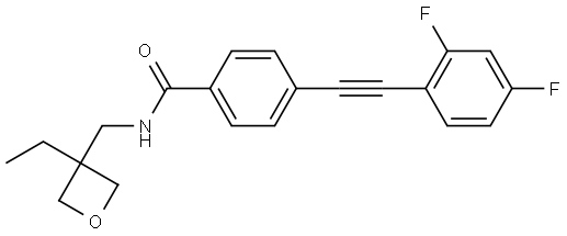 4-((2,4-difluorophenyl)ethynyl)-N-((3-ethyloxetan-3-yl)methyl)benzamide Struktur