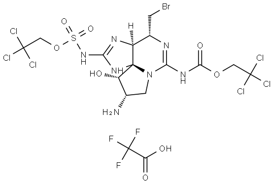 2,2,2-trichloroethyl ((3aS,4R,9S,10S,10aS)-9-amino-4-(bromomethyl)-10-hydroxy-6-(((2,2,2-trichloroethoxy)carbonyl)imino)hexahydro-1H,8H-pyrrolo[1,2-c]purin-2(3H)-ylidene)sulfamate 2,2,2-trifluoroacetate Structure