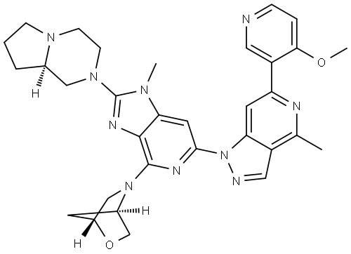 2-Oxa-5-azabicyclo[2.2.1]heptane, 5-[2-[(8aR)-hexahydropyrrolo[1,2-a]pyrazin-2(1H)-yl]-6-[6-(4-methoxy-3-pyridinyl)-4-methyl-1H-pyrazolo[4,3-c]pyridin-1-yl]-1-methyl-1H-imidazo[4,5-c]pyridin-4-yl]-, (1R,4R)- Structure