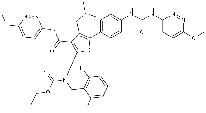 Carbamic acid, N-[(2,6-difluorophenyl)methyl]-N-[4-[(dimethylamino)methyl]-3-[[(6-methoxy-3-pyridazinyl)amino]carbonyl]-5-[4-[[[(6-methoxy-3-pyridazinyl)amino]carbonyl]amino]phenyl]-2-thienyl]-, ethyl ester,2770980-54-4,结构式