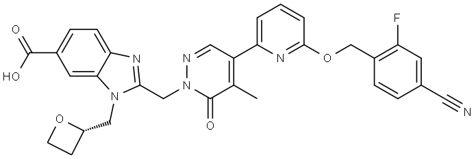(S)-2-((4-(6-((4-cyano-2-fluorobenzyl)oxy)pyridin-2-yl)-5-methyl-6-oxopyridazin-1(6H)-yl)methyl)-1-(oxetan-2-ylmethyl)-1H-benzo[d]imidazole-6-carboxylic acid Structure