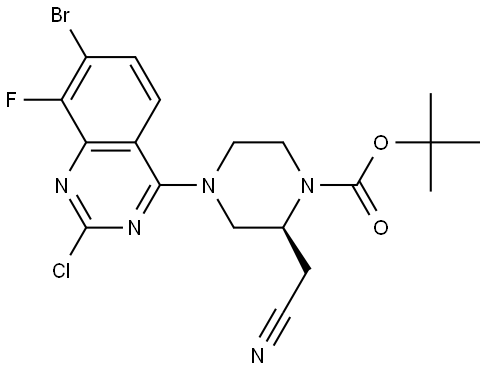 (S)-4-(7-bromo-2-chloro-8-fluoroquinazolin-4-yl)-2-(cyanomethyl)piperazine-1-carboxylic acid tert-butyl ester 结构式