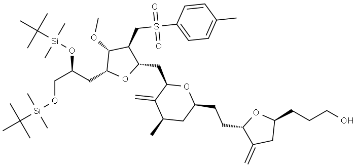3-((2S,5S)-5-(2-(2S,4R,6R)-6-((2S、3S、4R,5R)-5-((S)-2,3-双((叔丁基二甲基甲硅烷基)氧基)丙基)-4-甲氧基-3-(甲苯磺酰基甲基)四氢呋喃-2-基)甲基)-4-甲基-5-亚甲基四氢-2H-吡喃-2-基)乙基)-4-亚甲基四氢-2-基)丙-1-醇, 2835443-65-5, 结构式