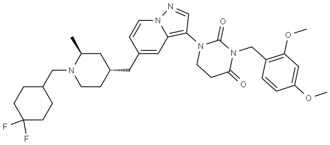 1-(5-(((2S,4R)-1-((4,4-difluorocyclohexyl)methyl)-2-methylpiperidin-4-yl)methyl)pyrazolo[1,5-a]pyridin-3-yl)-3-(2,4-dimethoxybenzyl)dihydropyrimidine-2,4(1H,3H)-dione Struktur