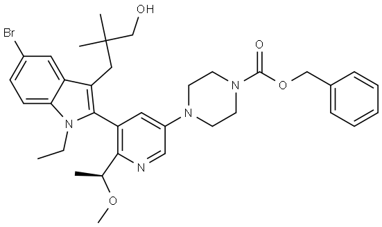 (S)-4-(5-(5-溴-1-乙基-3-(3-羟基-2,2-二甲基丙基)-1H-吲哚-2-基)-6-(1-甲氧基乙基)吡啶-3-基)哌嗪-1-羧酸苄酯 结构式