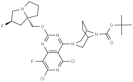 (1R,5S)-TERT-BUTYL 3-(5,7-DICHLORO-8-FLUORO-2-(((2R,7AS)-2-FLUORO-HEXAHYDRO-1H-PYRROLIZIN-7A-YL)METHOXY)PYRIDO[4,3-D]PYRIMIDIN-4-YL)-3,8-DIAZABICYCLO[3.2.1]OCTA,2889384-66-9,结构式