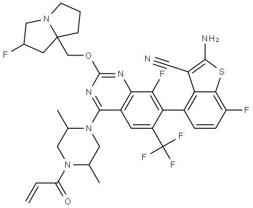 Benzo[b]thiophene-3-carbonitrile, 2-amino-4-[4-[(2S,5R)-2,5-dimethyl-4-(1-oxo-2-propen-1-yl)-1-piperazinyl]-8-fluoro-2-[[(2R,7aS)-2-fluorotetrahydro-1H-pyrrolizin-7a(5H)-yl]methoxy]-6-(trifluoromethyl)-7-quinazolinyl]-7-fluoro-, (4S)- Struktur