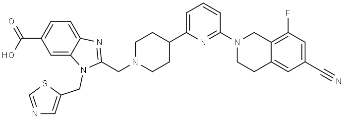 1H-Benzimidazole-6-carboxylic acid, 2-[[4-[6-(6-cyano-8-fluoro-3,4-dihydro-2(1H)-isoquinolinyl)-2-pyridinyl]-1-piperidinyl]methyl]-1-(5-thiazolylmethyl)- Structure