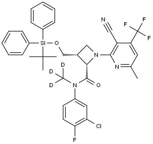 (2S,3R)-3-(((tert-butyldiphenylsilyl)oxy)methyl)-N-(3-chloro-4-fluorophenyl)-1-(3-cyano-6-methyl-4-(trifluoromethyl)pyridin-2-yl)-N-(methyl-d3)azetidine-2-carboxamide,2923508-87-4,结构式