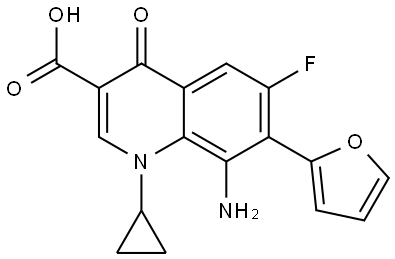 3-Quinolinecarboxylic acid, 8-amino-1-cyclopropyl-6-fluoro-7-(2-furanyl)-1,4-dihydro-4-oxo- Structure