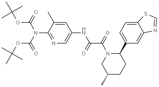 tert-butyl (5-(2-((2R,5S)-2-(benzo[d]thiazol-5-yl)-5-methylpiperidin-1-yl)-2-oxoacetamido)-3-methylpyridin-2-yl)(tert-butoxycarbonyl)carbamate Struktur