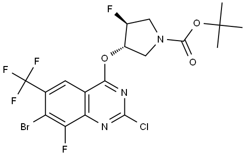 tert-butyl (3S,4S)-3-[7-bromo-2-chloro-8-fluoro-6-(trifluoromethyl)quinazolin-4-yl]oxy-4-fluoropyrrolidine-1-carboxylate 结构式