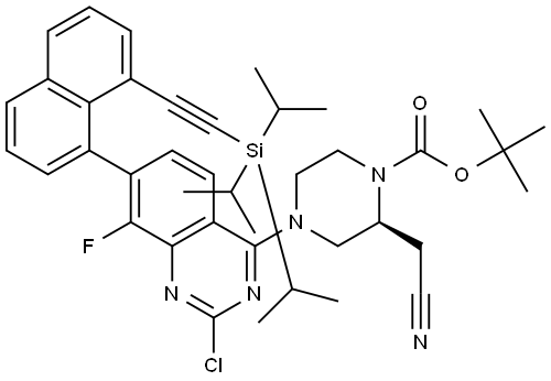 tert-butyl (S)-4-(2-chloro-8-fluoro-7-(8-(triisopropylsilyl)ethynyl)naphthalene-1-yl)quinazoline-4-2-(cyanomethyl)piperazine-1-carboxylate,2966924-75-2,结构式