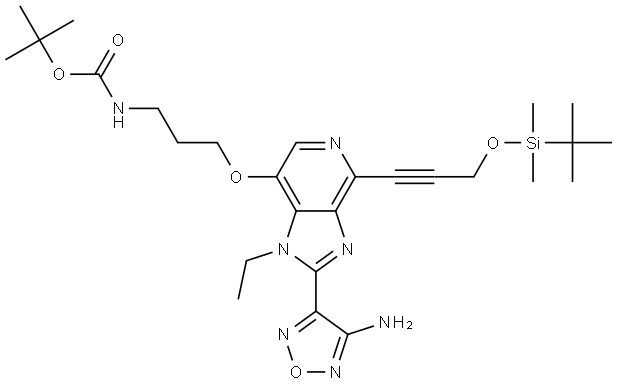 Carbamic acid, N-[3-[[2-(4-amino-1,2,5-oxadiazol-3-yl)-4-[3-[[(1,1-dimethylethyl)dimethylsilyl]oxy]-1-propyn-1-yl]-1-ethyl-1H-imidazo[4,5-c]pyridin-7-yl]oxy]propyl]-, 1,1-dimethylethyl ester Struktur