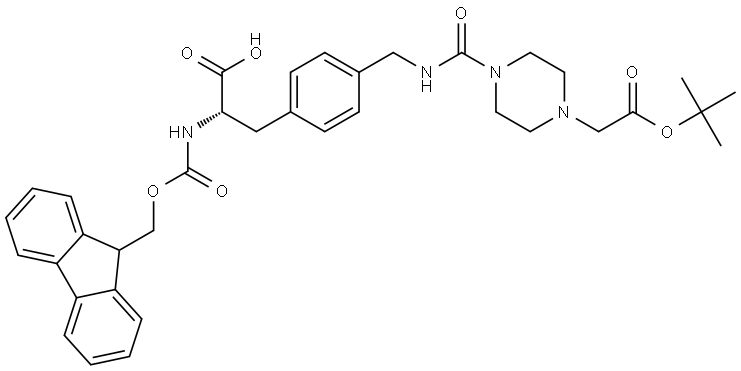 (2S)-3-{4-[({4-[2-(tert-butoxy)-2-oxoethyl]piperazine-1-carbonyl}amino)methyl]phenyl}-2-({[(9H-fluoren-9-yl)methoxy]carbonyl}amino)propanoic acid Struktur