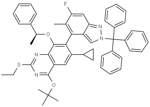 4-tert-butoxy-6-cyclopropyl-2-(ethylsulfanyl)-7-[6-fluoro-5-methyl-2-(triphenylmethyl)-2H-indazol-4-yl]-8-[(1S)-1-phenylethoxy]quinazoline Struktur