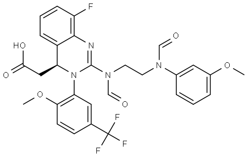 4-Quinazolineacetic acid, 8-fluoro-2-[formyl[2-[formyl(3-methoxyphenyl)amino]ethyl]amino]-3,4-dihydro-3-[2-methoxy-5-(trifluoromethyl)phenyl]-, (4S)- Structure