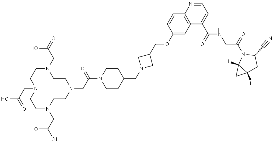 1,4,7,10-Tetraazacyclododecane-1,4,7-triacetic acid, 10-[2-[4-[[3-[[[4-[[[2-[(1S,3S,5S)-3-cyano-2-azabicyclo[3.1.0]hex-2-yl]-2-oxoethyl]amino]carbonyl]-6-quinolinyl]oxy]methyl]-1-azetidinyl]methyl]-1-piperidinyl]-2-oxoethyl]- Struktur