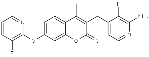 3-((2-amino-3-fluoropyridin-4-yl)methyl)-7-((3-fluoropyridin-2-yl)oxy)-4-methyl-2H-chromen-2-one 化学構造式