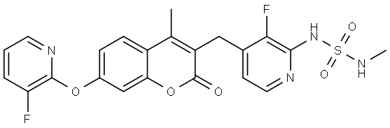 Sulfamide, N-[3-fluoro-4-[[7-[(3-fluoro-2-pyridinyl)oxy]-4-methyl-2-oxo-2H-1-benzopyran-3-yl]methyl]-2-pyridinyl]-N′-methyl- 化学構造式
