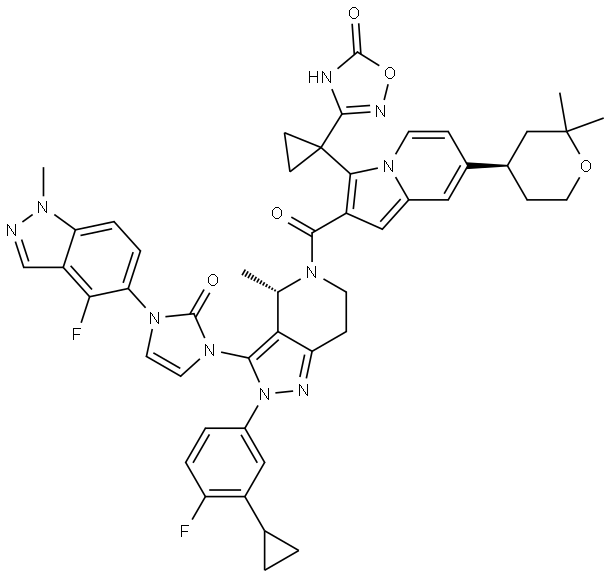 3-(1-(2-((S)-2-(3-环丙基-4-氟苯基)-3-(3-(4-氟-1-甲基-1H-吲唑-5-基)-2-氧代-2,3-二氢-1H-咪唑-1-基)-4-甲基-4,5,6,7-四氢-2H-吡唑并[4,3-C]吡啶-5-羰基)-7-((R)-2,2-二甲基四氢-2H-吡喃-4-基)吲 结构式