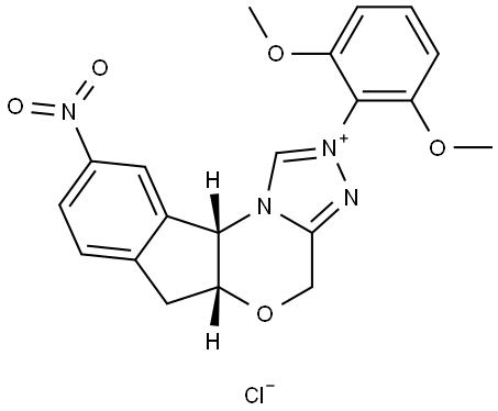 4H,6H-Indeno[2,1-b][1,2,4]triazolo[4,3-d][1,4]oxazinium, 2-(2,6-dimethoxyphenyl)-5a,10b-dihydro-9-nitro-, chloride (1:1), (5aR,10bS)- Structure