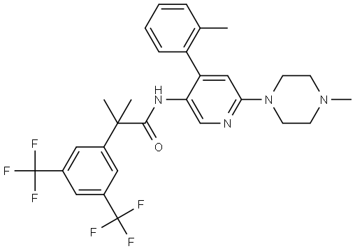 2-(3,5-bis(trifluoromethyl)phenyl)-2-methyl-N-(6-(4-methylpiperazin-1-yl)-4-(o-tolyl)pyridin-3-yl)propanamide Struktur