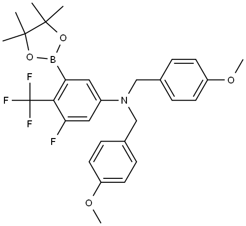 3-氟-N,N-双(4-甲氧基苄基)-5-(4,4,5,5-四甲基-1,3,2-二氧硼杂环戊烷-2-基)-4-(三氟甲基)苯胺 结构式