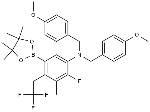 3018063-18-5 2-fluoro-N,N-bis(4-methoxybenzyl)-3-methyl-5-(4,4,5,5-tetramethyl-1,3,2-dioxaborolan-2-yl)-4-(2,2,2-trifluoroethyl)aniline