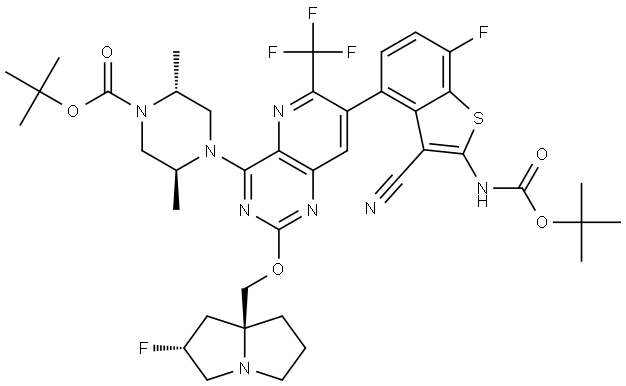 TERT-BUTYL (2R,5S)-4-(7-(2-((TERT-BUTOXYCARBONYL)AMINO)-3-CYANO-7-FLUOROBENZO[B]THIOPHEN-4-YL)-2-(, 3018838-31-5, 结构式