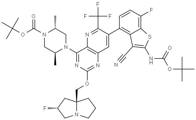 TERT-BUTYL (2R,5S)-4-(7-(2-((TERT-BUTOXYCARBONYL)AMINO)-3-CYANO-7-FLUOROBENZO[B]THIOPHEN-4-YL)-2-(,3018838-31-5,结构式