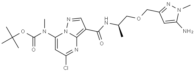tert-butyl (R)-(3-((1-((5-amino-1-methyl-1H-pyrazol-3-yl)methoxy)propan-2-yl)carbamoyl)-5-chloropyrazolo[1,5-a]pyrimidin-7-yl)(methyl)carbamate,3026596-66-4,结构式