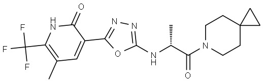 (R)-5-methyl-3-(5-((1-oxo-1-(6-azaspiro[2.5]octan-6-yl)propan-2-yl)amino)-1,3,4-oxadiazol-2-yl)-6-(trifluoromethyl)pyridin-2(1H)-one Struktur