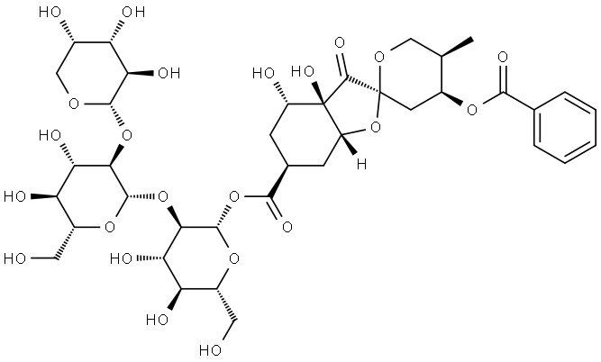 β-D-Glucopyranose, O-α-L-arabinopyranosyl-(1→2)-O-β-D-glucopyranosyl-(1→2)-, 1-[(2S,3aR,4S,4'S,5'R,6S,7aR)-4'-(benzoyloxy)decahydro-3a,4-dihydroxy-5'-methyl-3-oxospiro[benzofuran-2(3H),2'-[2H]pyran]-6-carboxylate] Struktur