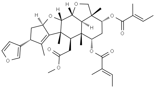 2H,3H-Cyclopenta[d']naphtho[1,8-bc:2,3-b']difuran-6-acetic acid, 8-(3-furanyl)-2a,4,5,5a,6,6a,8,9,9a,10a,10b,10c-dodecahydro-2a,5a,6a,7-tetramethyl-3,5-bis[[(2E)-2-methyl-1-oxo-2-buten-1-yl]oxy]-, methyl ester, (2aR,3R,5S,5aR,6R,6aR,8R,9aR,10aS,10bR,10cR)- Structure