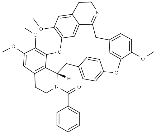 2H-1,24:12,15-Dietheno-6,10-metheno-16H-pyrido[2',3':17,18][1,10]dioxacycloeicosino[2,3,4-ij]isoquinoline, 17-benzoyl-3,5,16a,17,18,19-hexahydro-9,21,22,26-tetramethoxy-, (S)- (9CI),61897-94-7,结构式