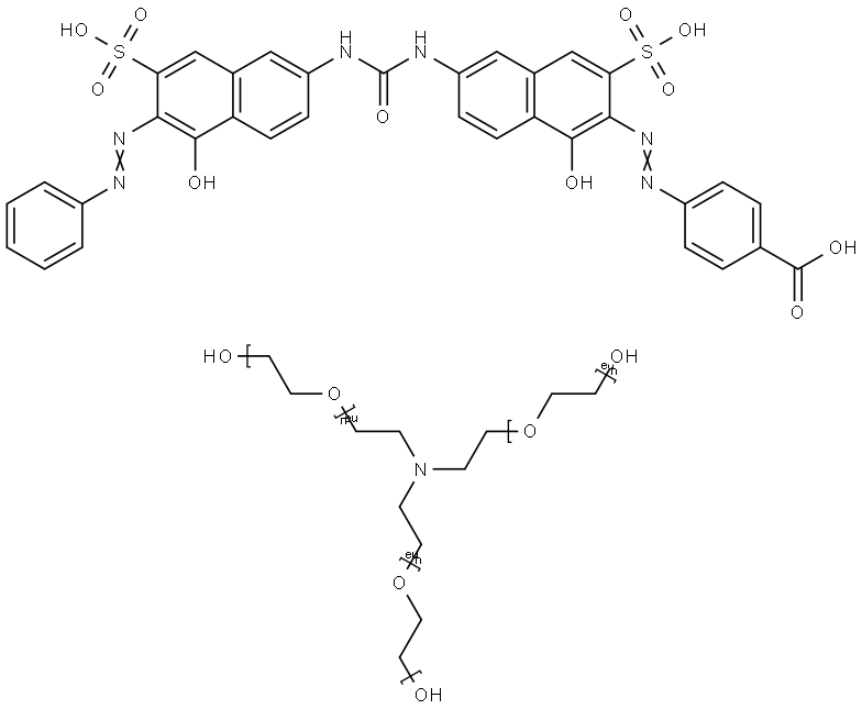 Benzoic acid, 4-[[1-hydroxy-6-[[[[5-hydroxy- 6-(phenylazo)-7-sulfo-2-naphthalenyl]amino]carbonyl ]amino]-3-sulfo-2-naphthalenyl]azo]-, compd. with α,α',α''- (nitrilotri-2,1-ethanediyl)tris[ω-hydroxypoly (oxy-1,2-ethanediyl)] (1:3) 化学構造式