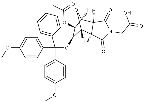 2-((3aR,4R,5R,6S,7S,7aS)-5-acetoxy-6-(bis(4-methoxyphenyl)(phenyl)methoxy)-1,3-dioxohexahydro-1H-4,7-epoxyisoindol-2(3H)-yl)acetic acid 结构式
