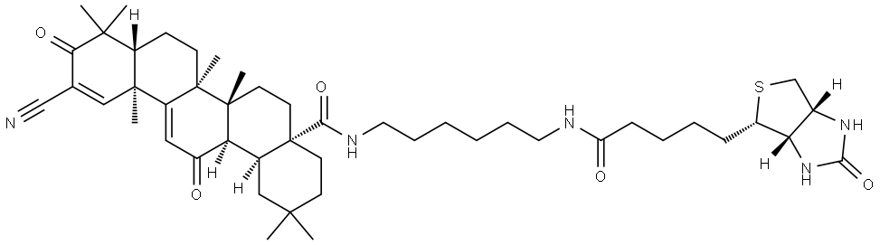 1H-Thieno[3,4-d]imidazole-4-pentanamide, N-[6-[(2-cyano-3,12,28-trioxooleana-1,9(11)-dien-28-yl)amino]hexyl]hexahydro-2-oxo-, (3aS,4S,6aR)- 结构式