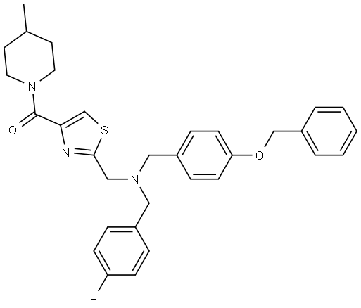 {[4-(benzyloxy)phenyl]methyl}[(4-fluorophenyl)methyl]{[4-(4-methylpiperidine-1-carbonyl)-1,3-thiazol-2-yl]methyl}amine,855144-55-7,结构式