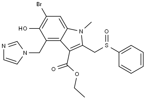 1H-Indole-3-carboxylic acid, 6-bromo-5-hydroxy-4-(1H-imidazol-1-ylmethyl)-1-methyl-2-[(phenylsulfinyl)methyl]-, ethyl ester 化学構造式