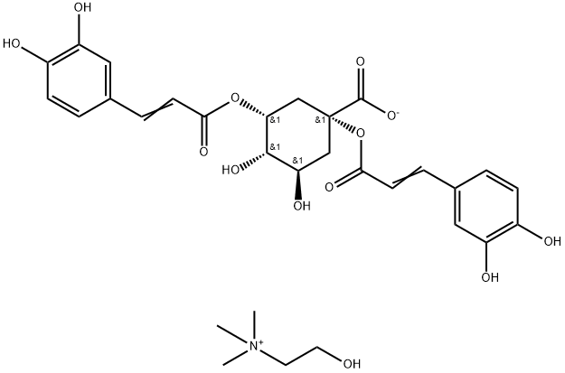 rel-(1S*)-1α*,3α*-ビス[[3-(3,4-ジヒドロキシフェニル)-1-オキソ-2-プロペニル]オキシ]-4α*,5β*-ジヒドロキシシクロヘキサンカルボン酸・2-ヒドロキシ-N,N,N-トリメチル-1-エタンアミニウム 化学構造式