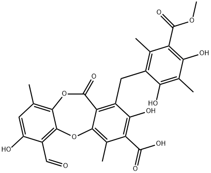 6-ホルミル-2,7-ジヒドロキシ-1-[[2,4-ジヒドロキシ-5-(メトキシカルボニル)-3,6-ジメチルフェニル]メチル]-4,9-ジメチル-11-オキソ-11H-ジベンゾ[b,e][1,4]ジオキセピン-3-カルボン酸 化学構造式